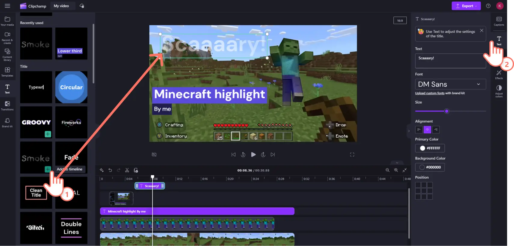 Gambar pengguna Clipchamp menambahkan teks animasi ke videonya.