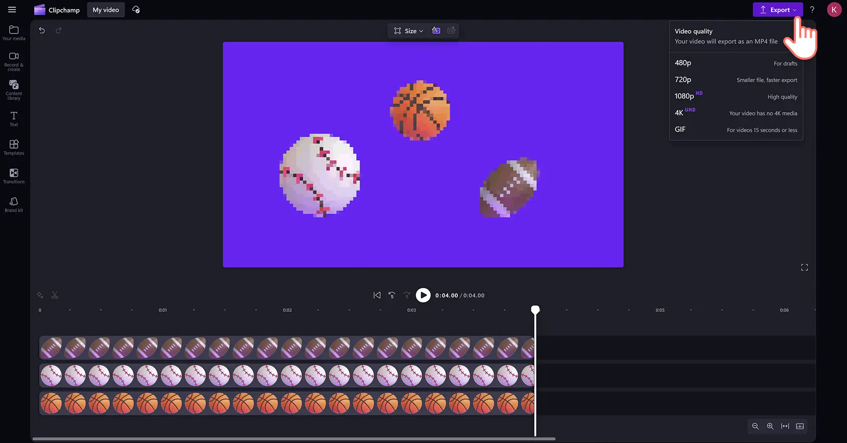 Pengguna mengekspor video yang berisi stiker emoji di editor video Clipchamp.