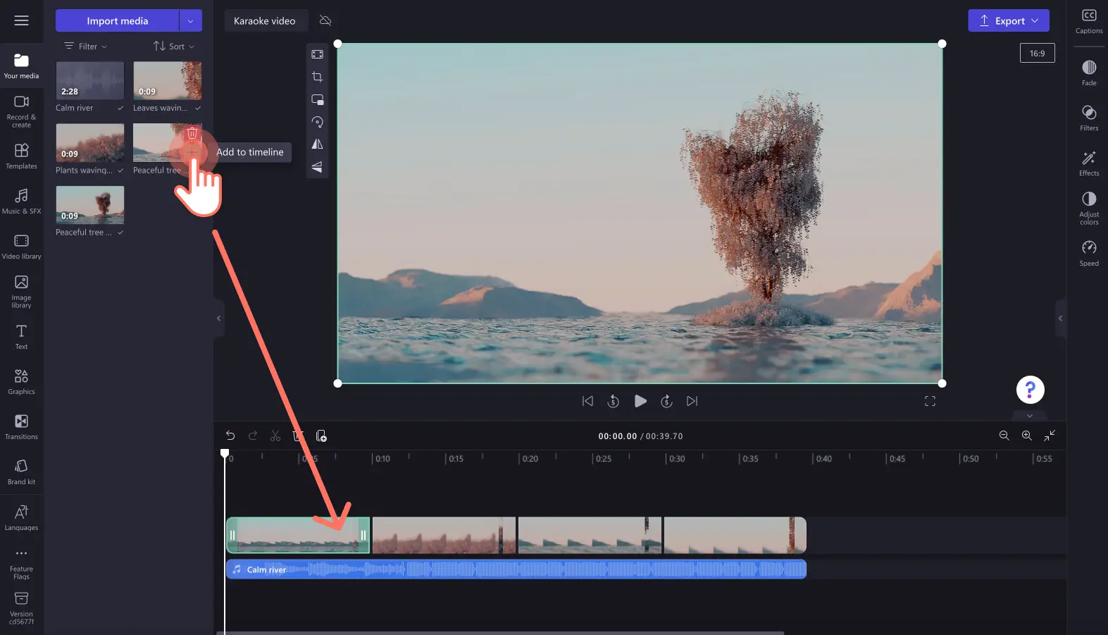 Uma imagem de uma pessoa adicionando áudio e vídeo de estoque à linha do tempo.