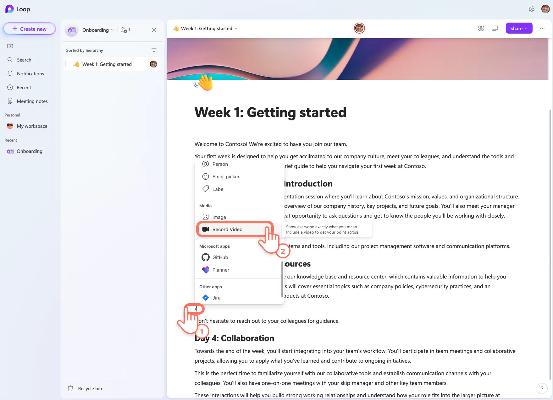 Usuário encontrando o menu de descoberta no Microsoft Loop para iniciar a gravação de um vídeo