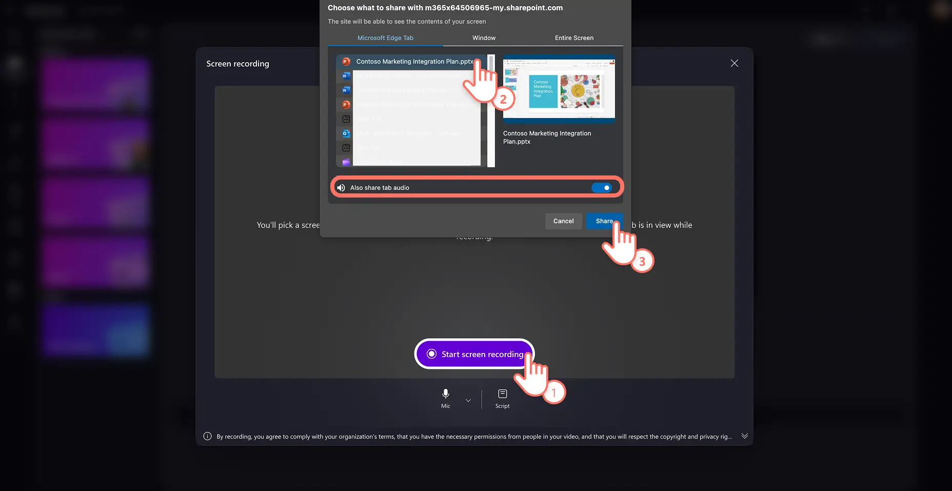 Un usuario habilita los permisos de grabación de pantalla en Clipchamp para el trabajo