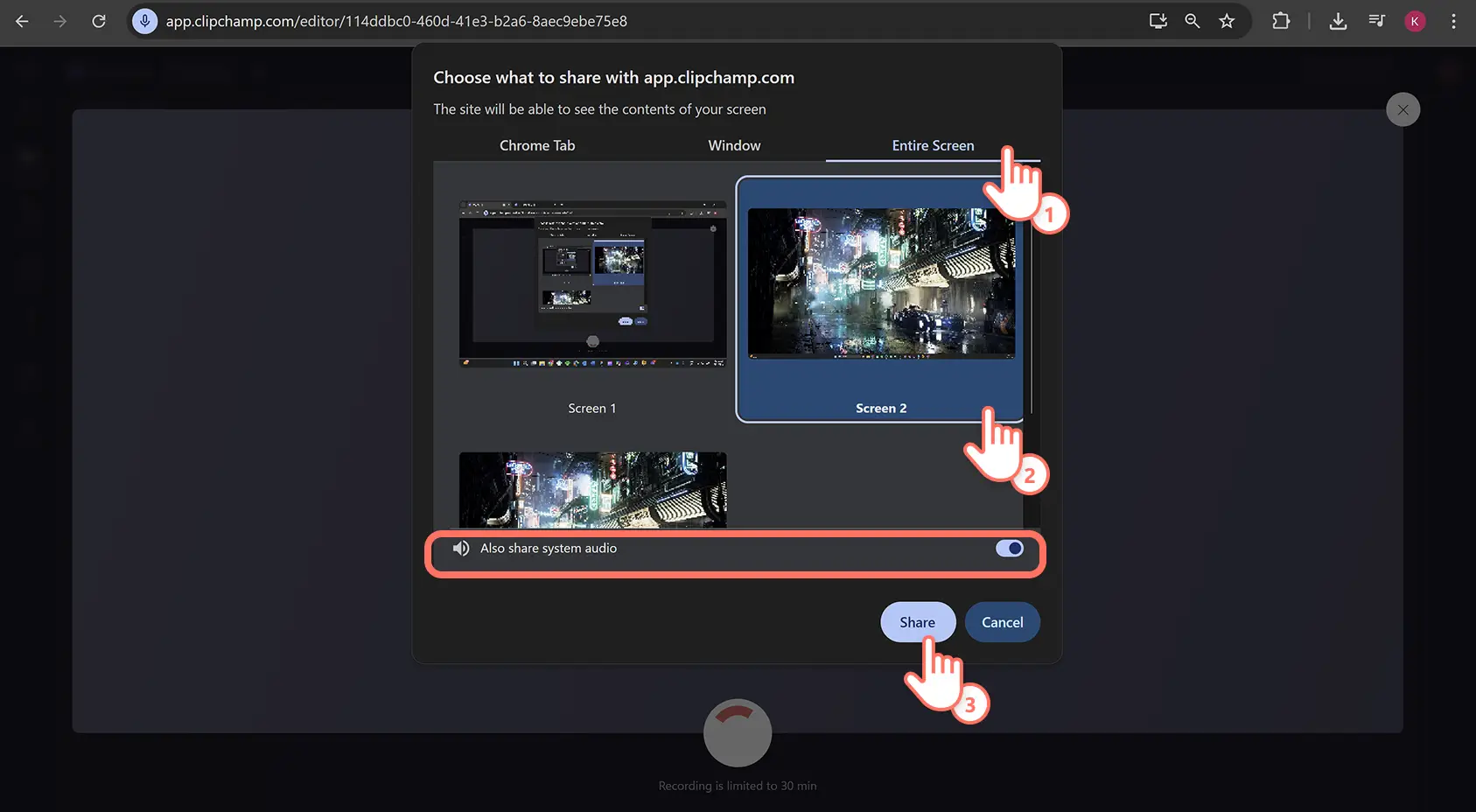 Một người dùng đang ghi lại toàn bộ màn hình Windows bằng trình biên tập video Clipchamp.