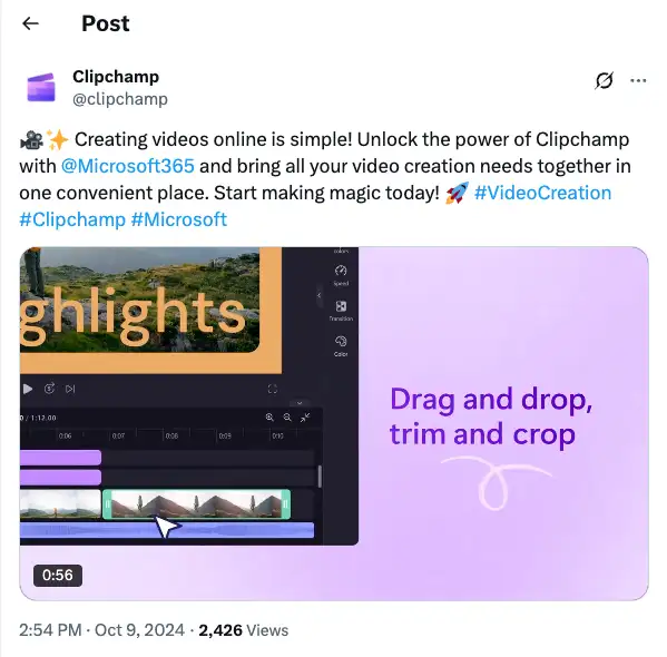 Clipchamp の動画プロモーションを表示している Twitter における動画投稿の例