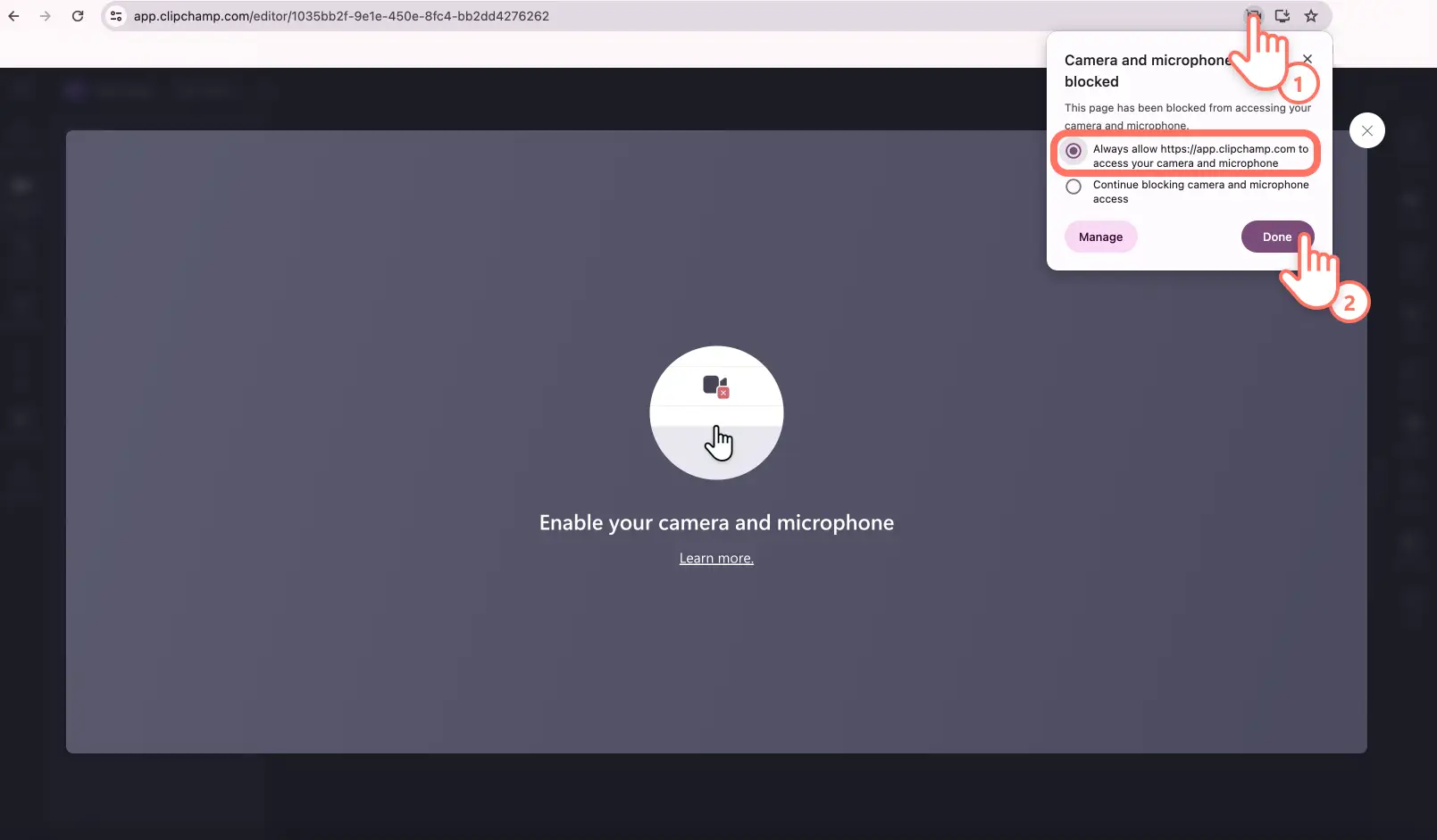 Permissões de gravação no Clipchamp