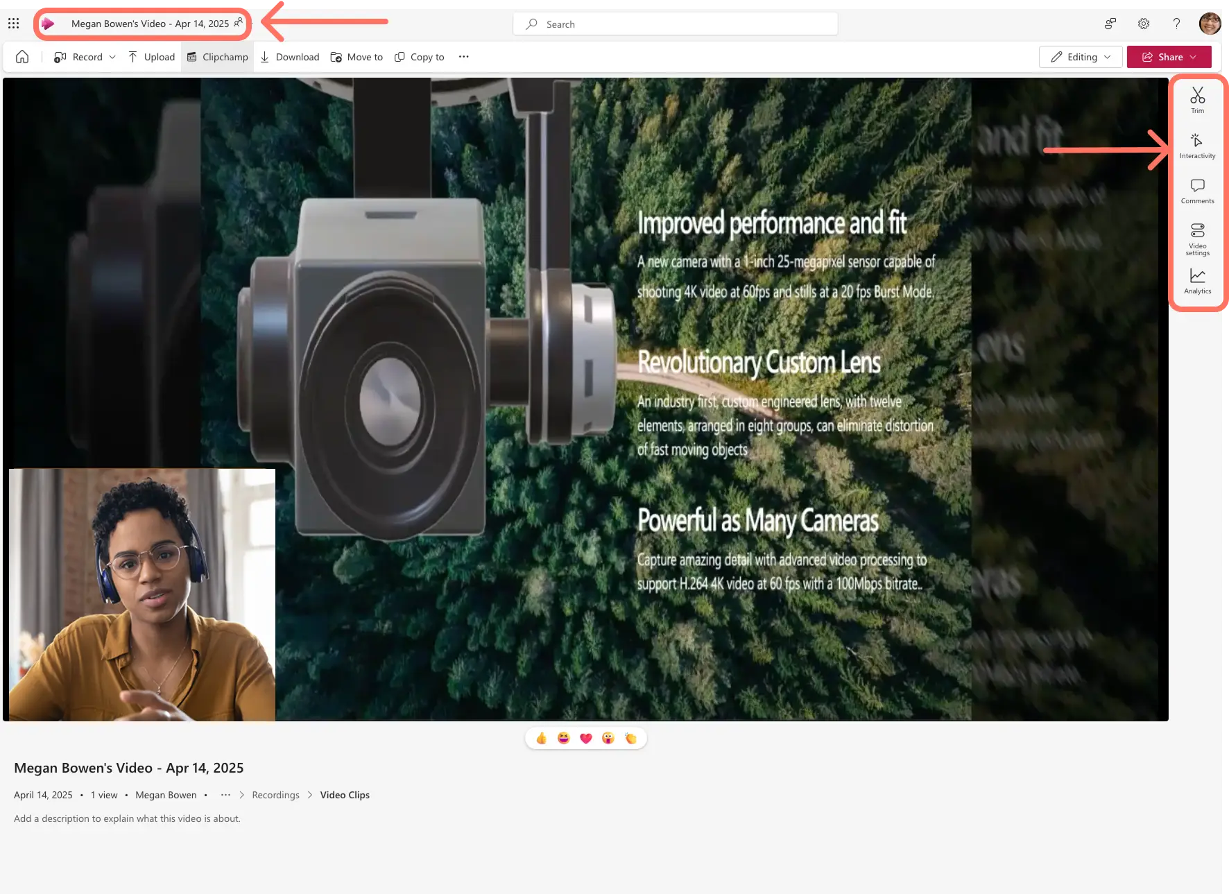 Usuário alterando o título do vídeo e adicionando botões interativos a um vídeo do Microsoft Loop