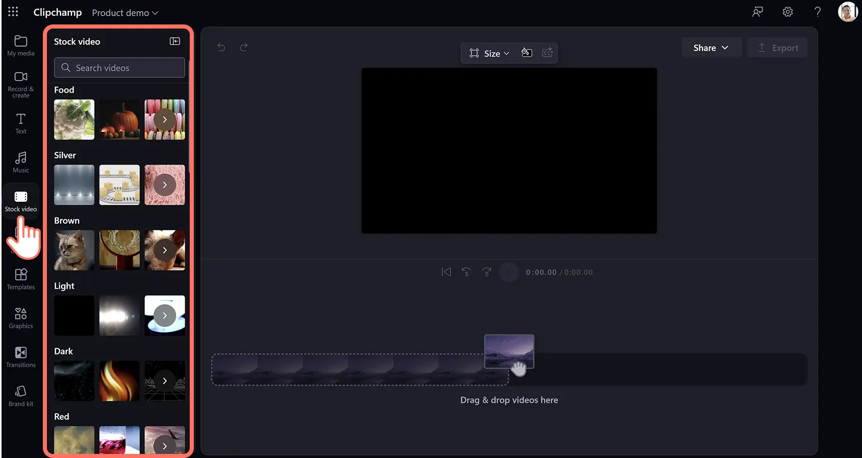 A user searching for stock media in Clipchamp for work.