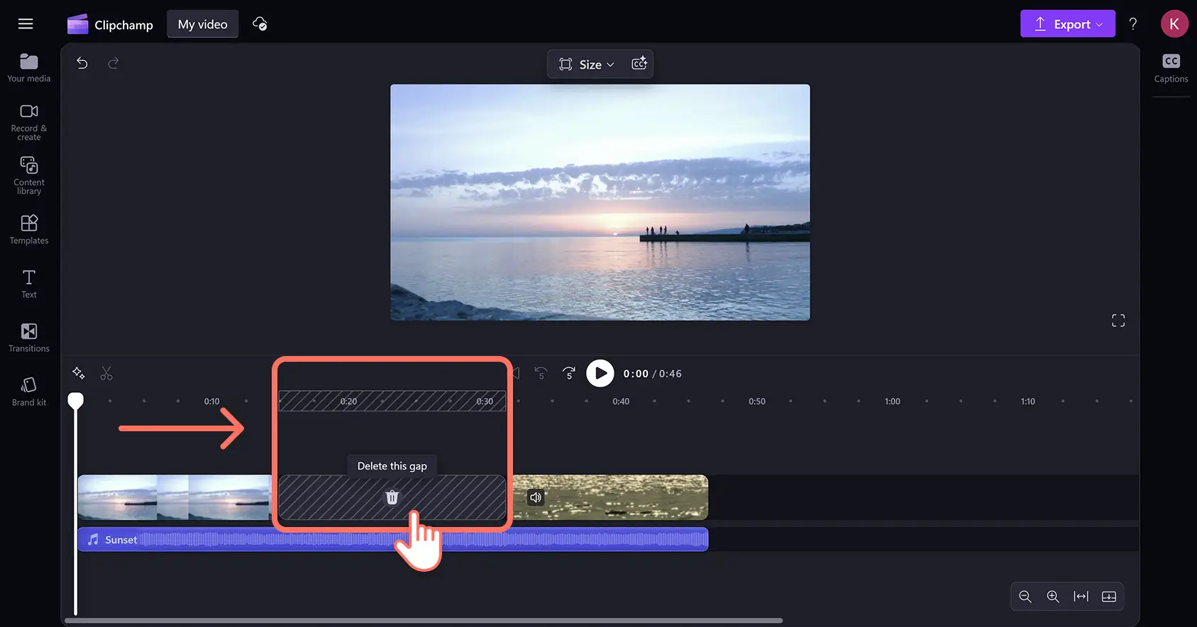 En bruger fjerner et mellemrum i videoredigeringsprogrammet Clipchamp.