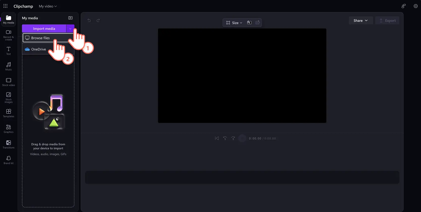 A user uploading media to Clipchamp for work from their device or using OneDrive