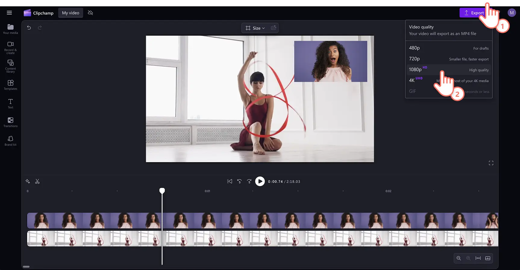 Et bilde av en bruker som klikker på eksportknappen og velger videooppløsningen 1080p.