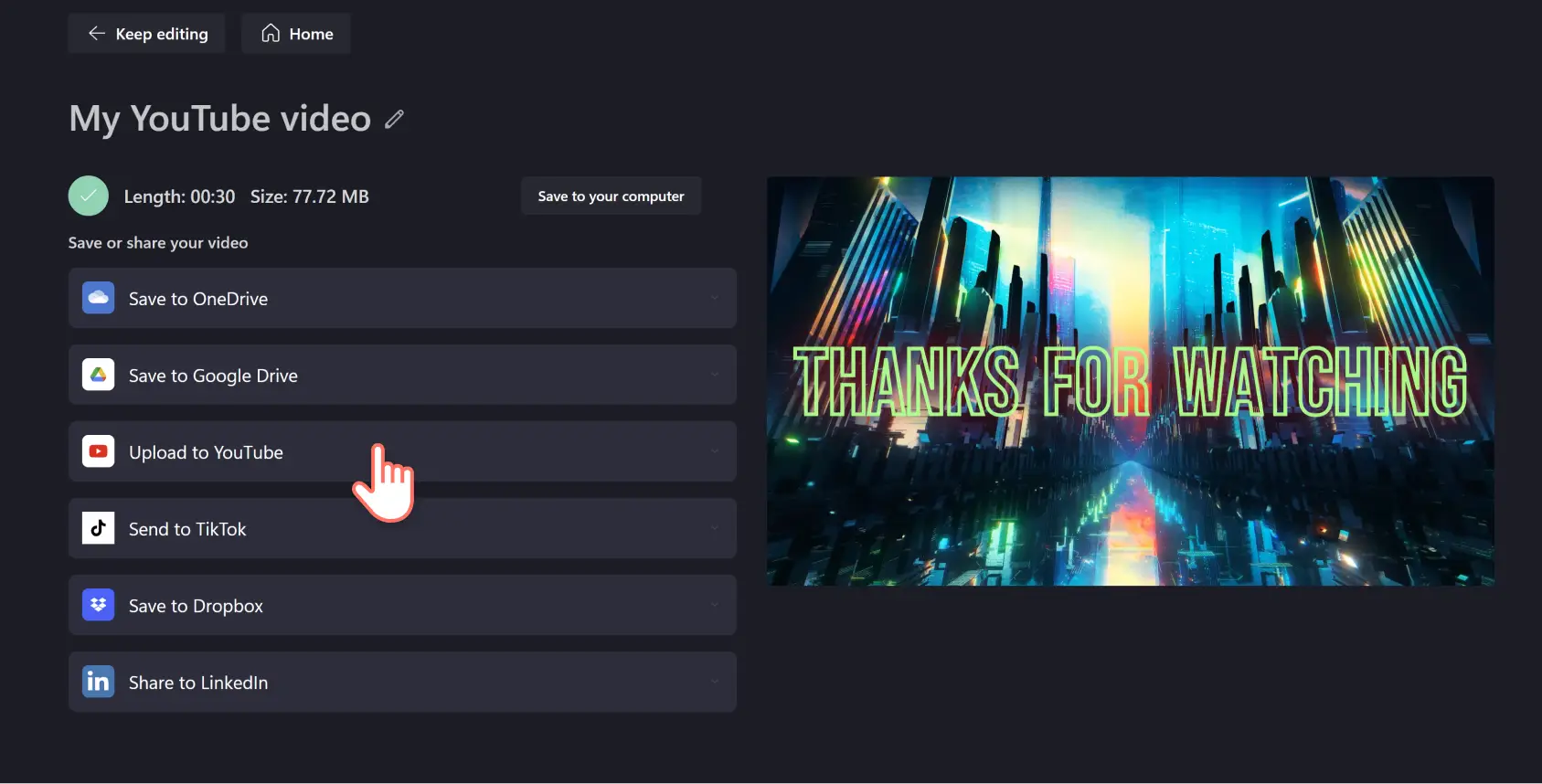 An image of a Clipchamp user selecting the Upload to YouTube button in the export video viewer.