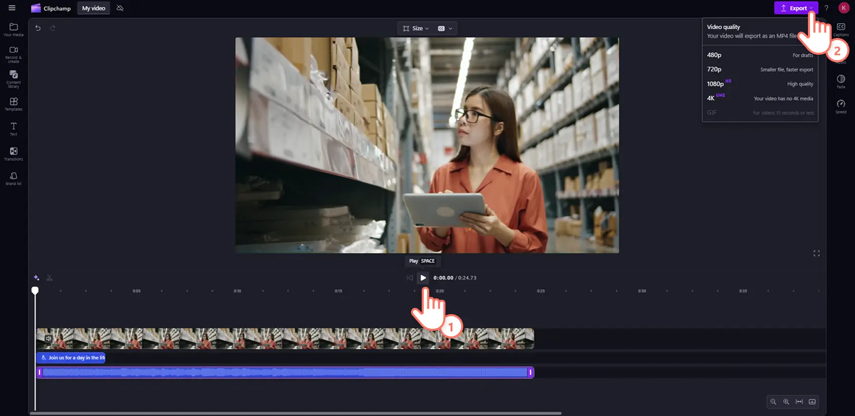 Käyttäjä viemässä videota, jonka ääni on vaihdettu Clipchampissa.