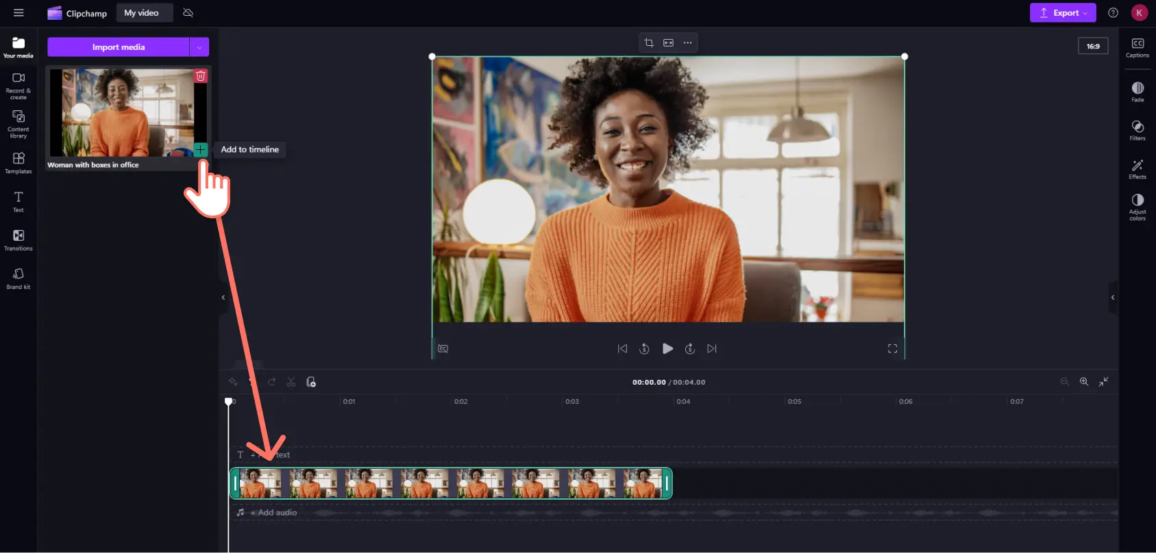 A user dragging and dropping an image asset onto the timeline in Clipchamp.