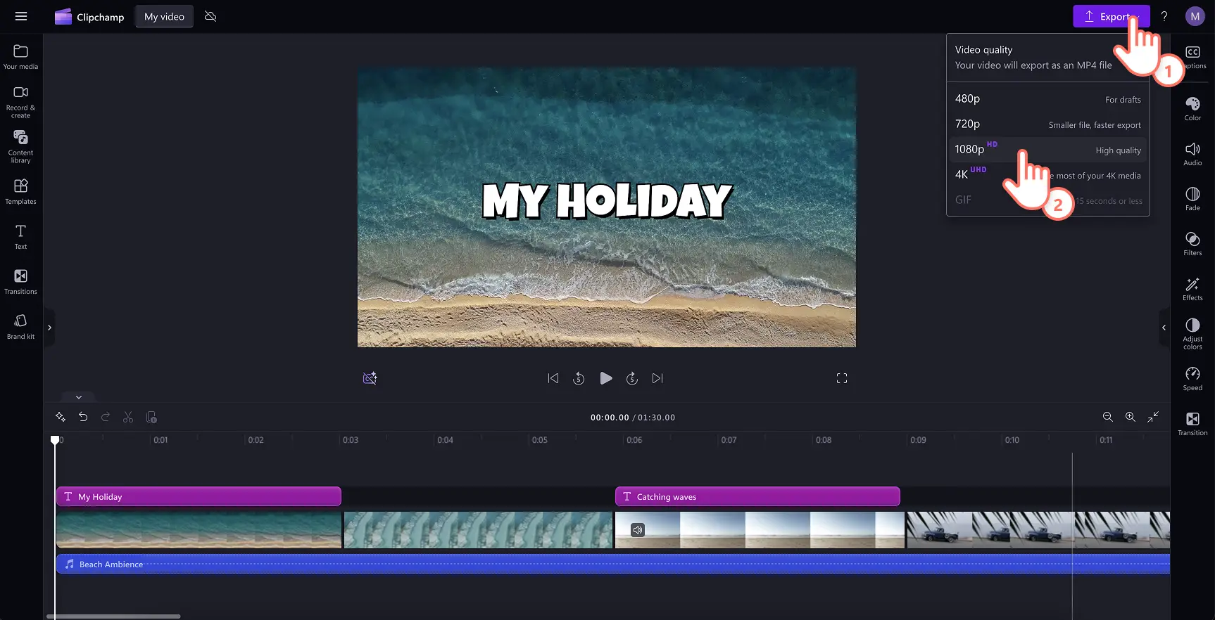 Ein Bild, das zeigt, wie ein Benutzer ein Video in hoher Qualität aus Clipchamp speichert.