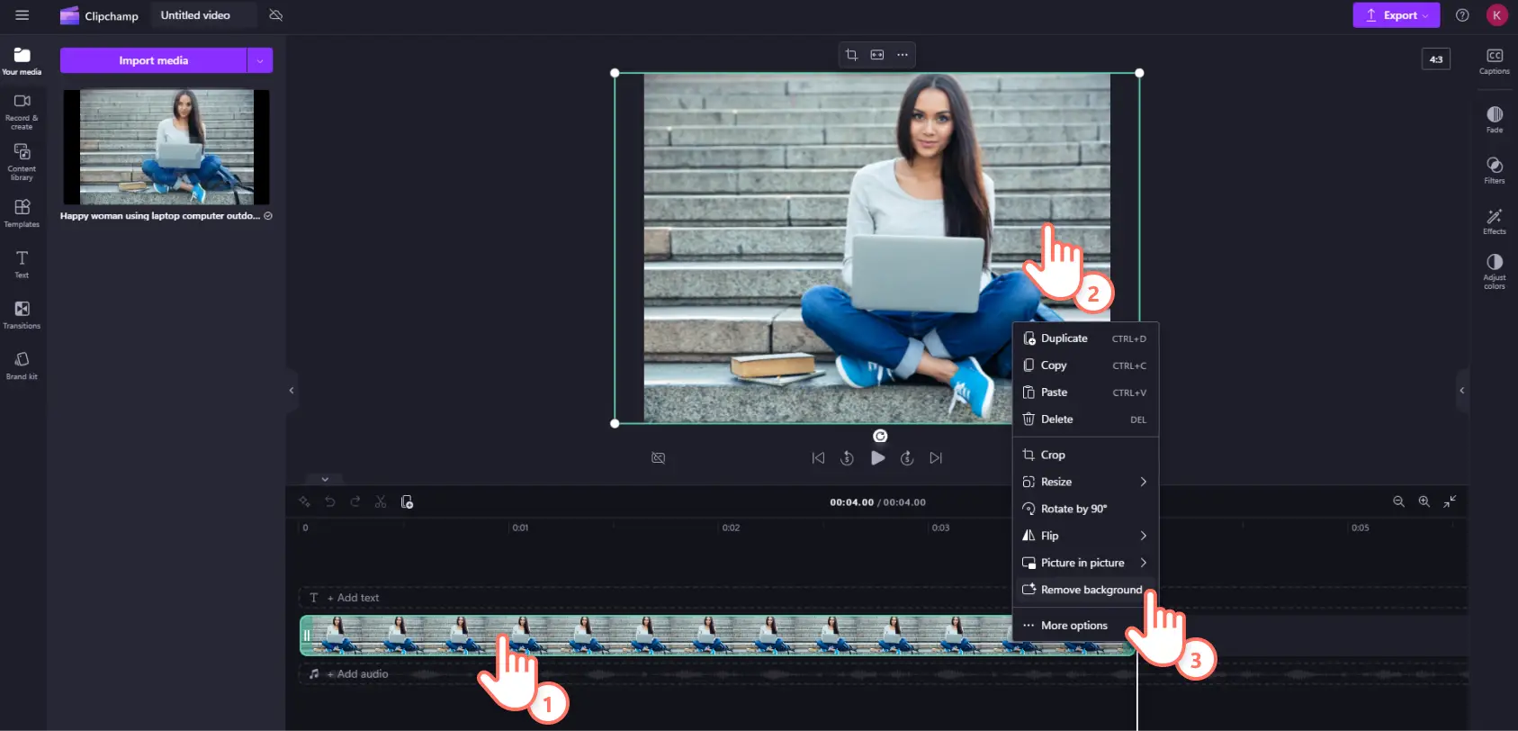 A user removing a background image in Clipchamp.