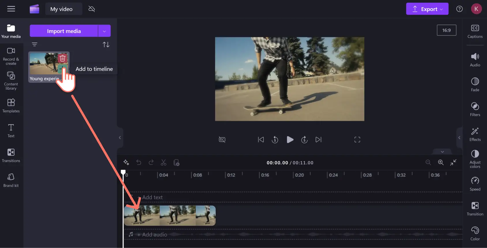 An image of a Clipchamp user dragging a clip from the your media tab in the toolbar onto the timeline. 