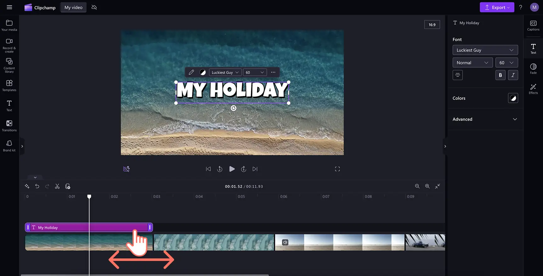 Ein Benutzer, der die Länge des Textes in Clipchamp bearbeitet.