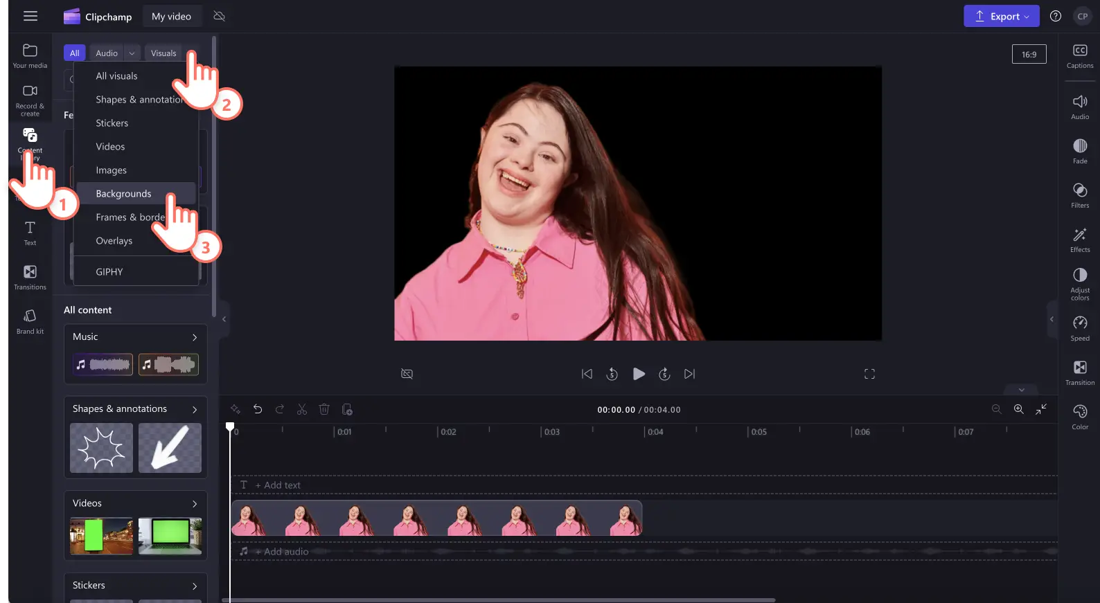 An image of a user selecting the background option inside the content library. 