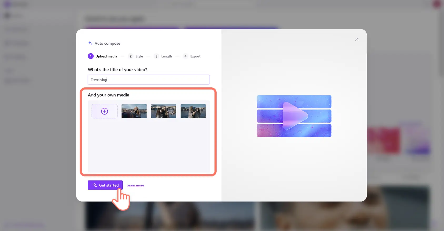En bruger opretter automatisk en video med videoeditoren med kunstig intelligens i Clipchamp.