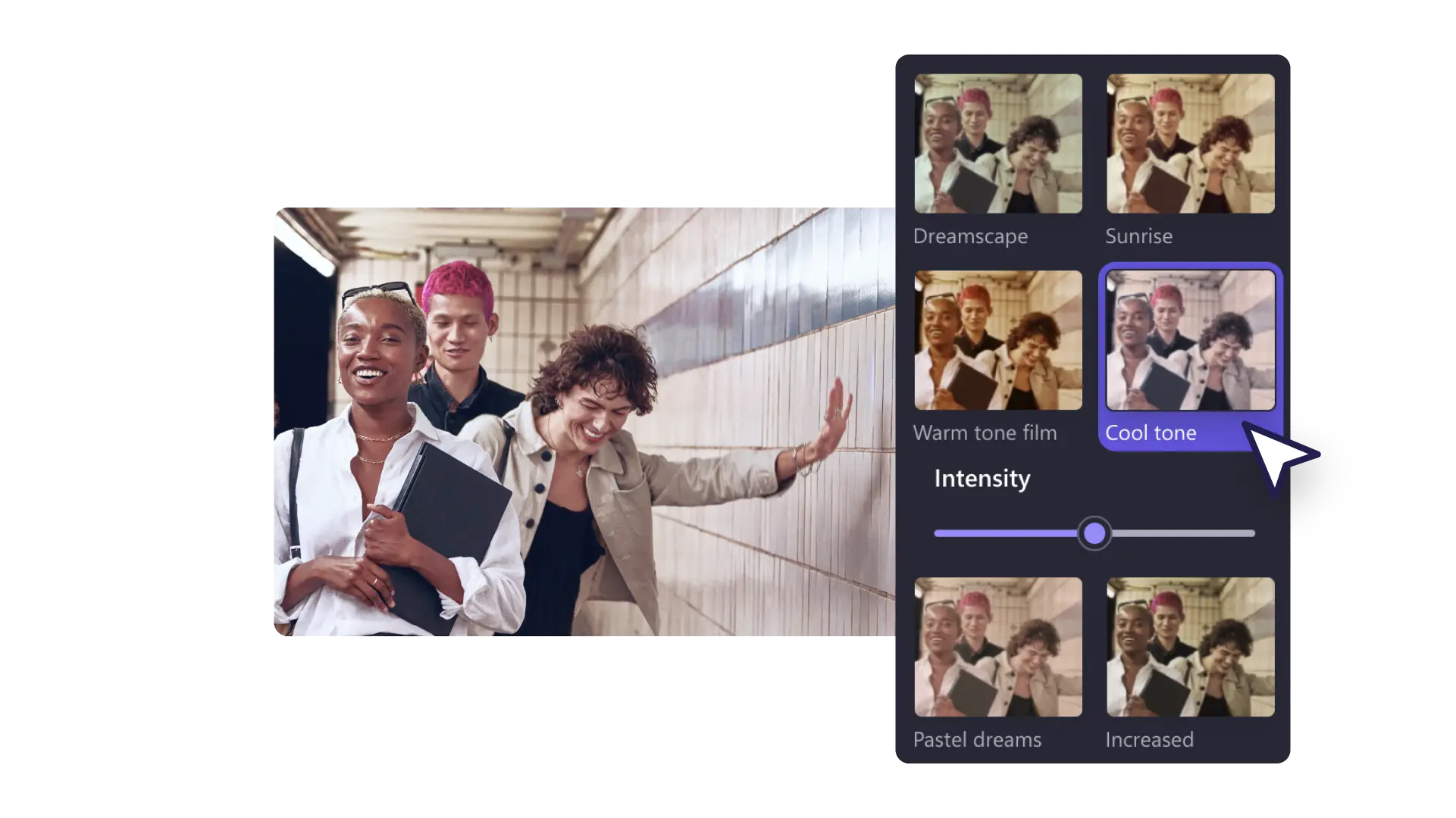 A user editing the intensity of a video filter in Clipchamp.