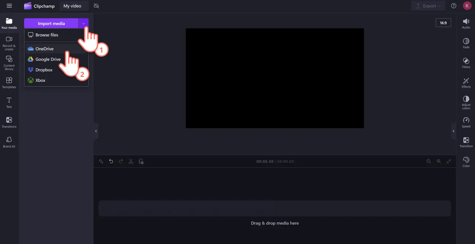 A user importing media into the editor using OneDrive in Clipchamp.