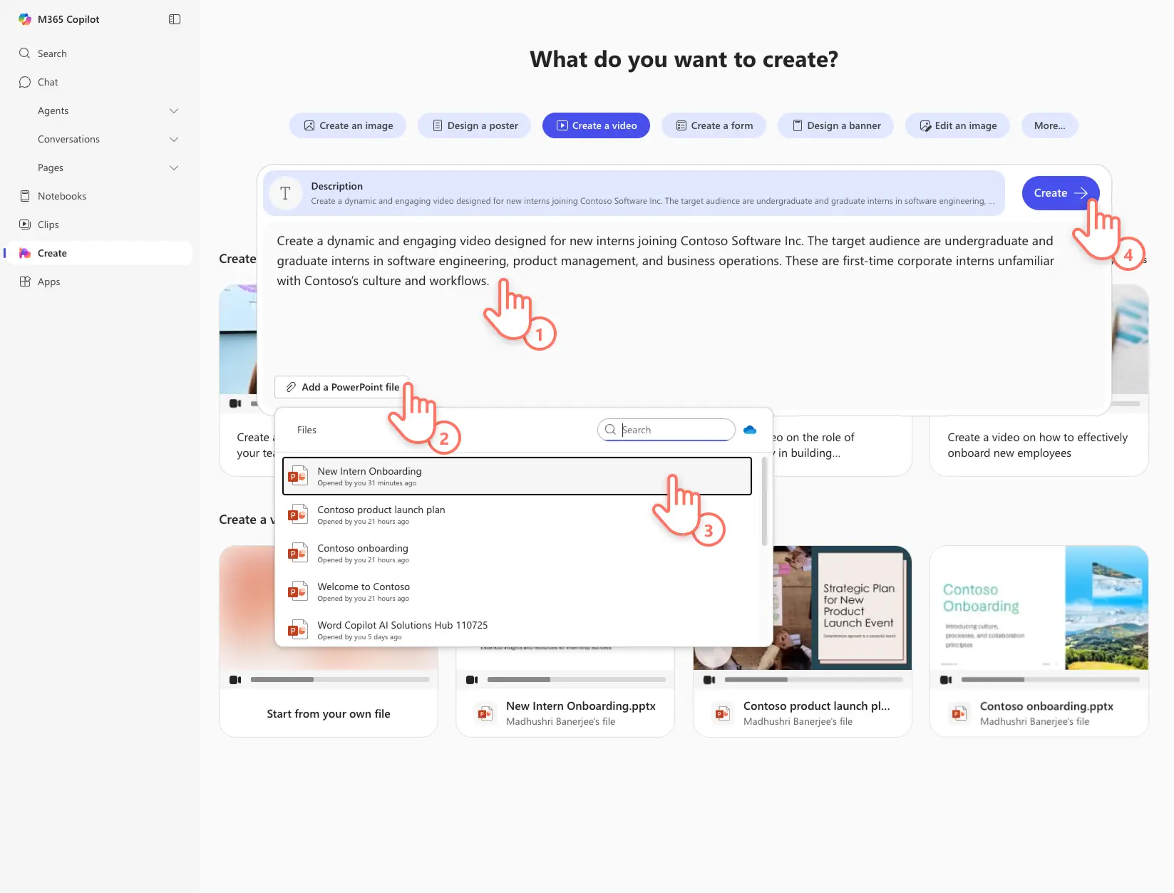 Copilot бағдарламасын PowerPoint файлынан бейне көрсетілімді жасауға итермелейтін пайдаланушы.