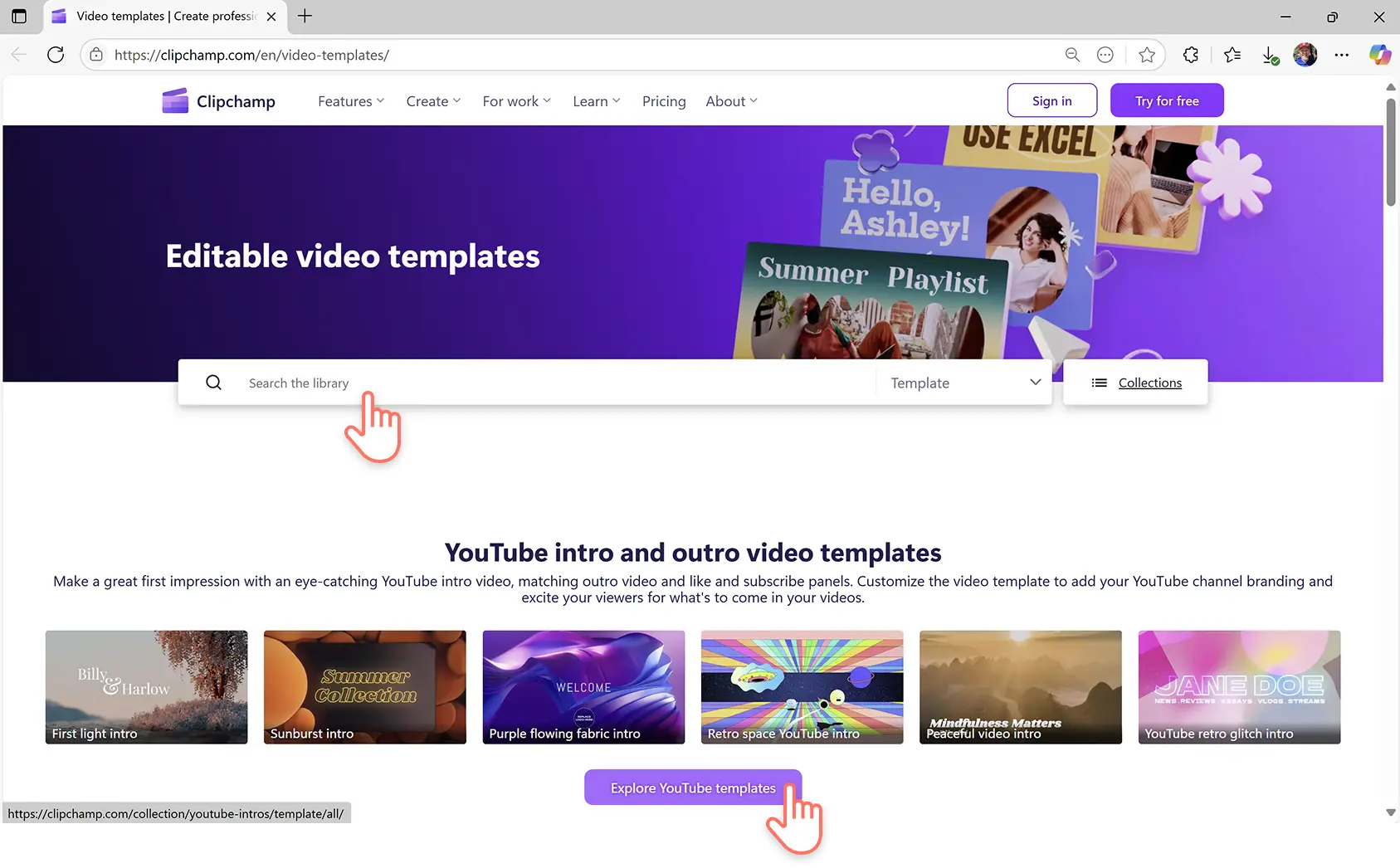 Un utilizator care selectează un șablon din biblioteca de șabloane video Clipchamp.