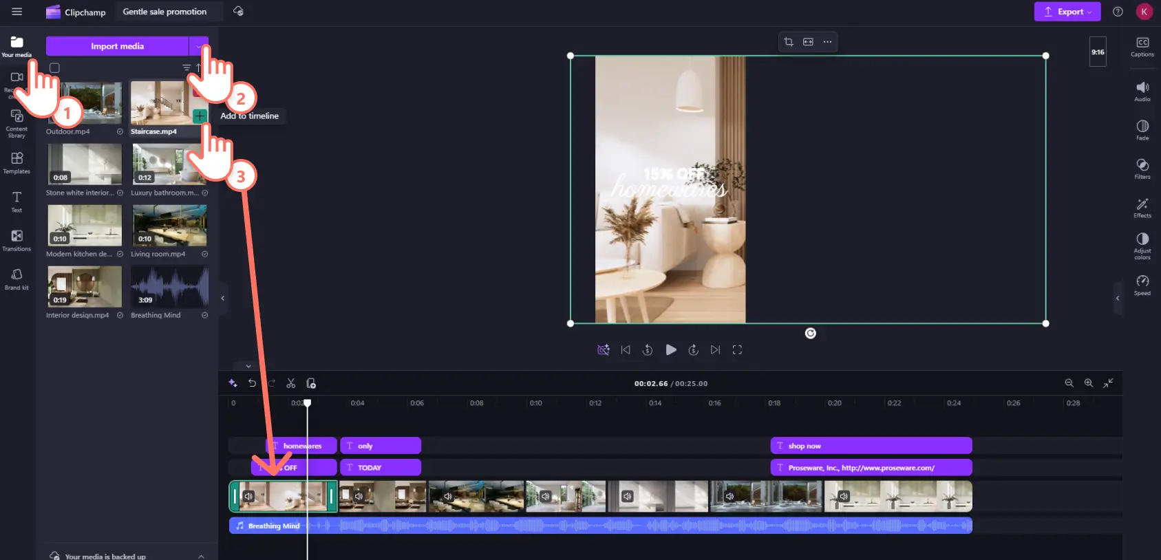 A user replacing stock footage in an Instagram video ad template in Clipchamp.
