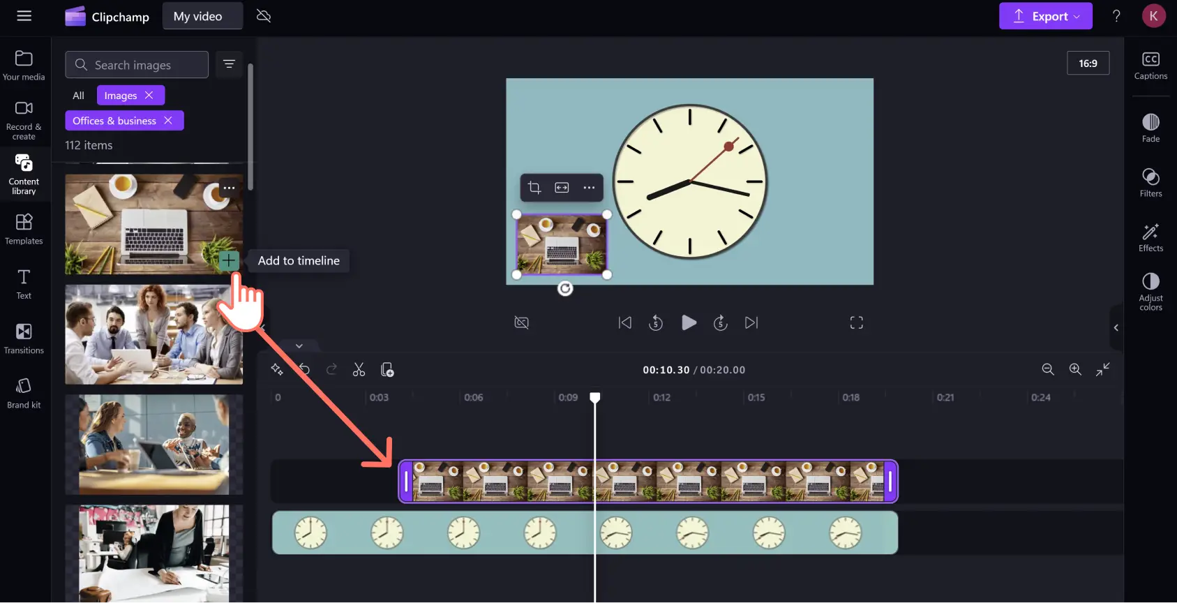 A user adding a stock image to the timeline in Clipchamp.
