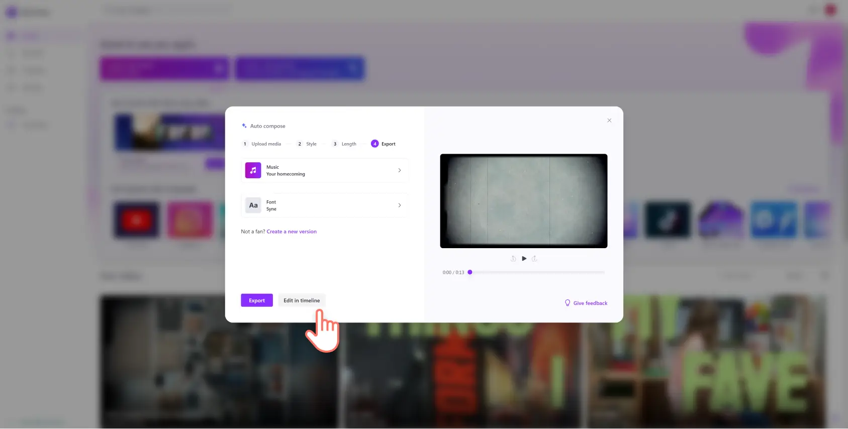 Ένα στιγμιότυπο οθόνης ενός χρήστη του Clipchamp που επιλέγει να συνεχίσει την επεξεργασία ενός βίντεο μετά τη χρήση της αυτόματης σύνθεσης.