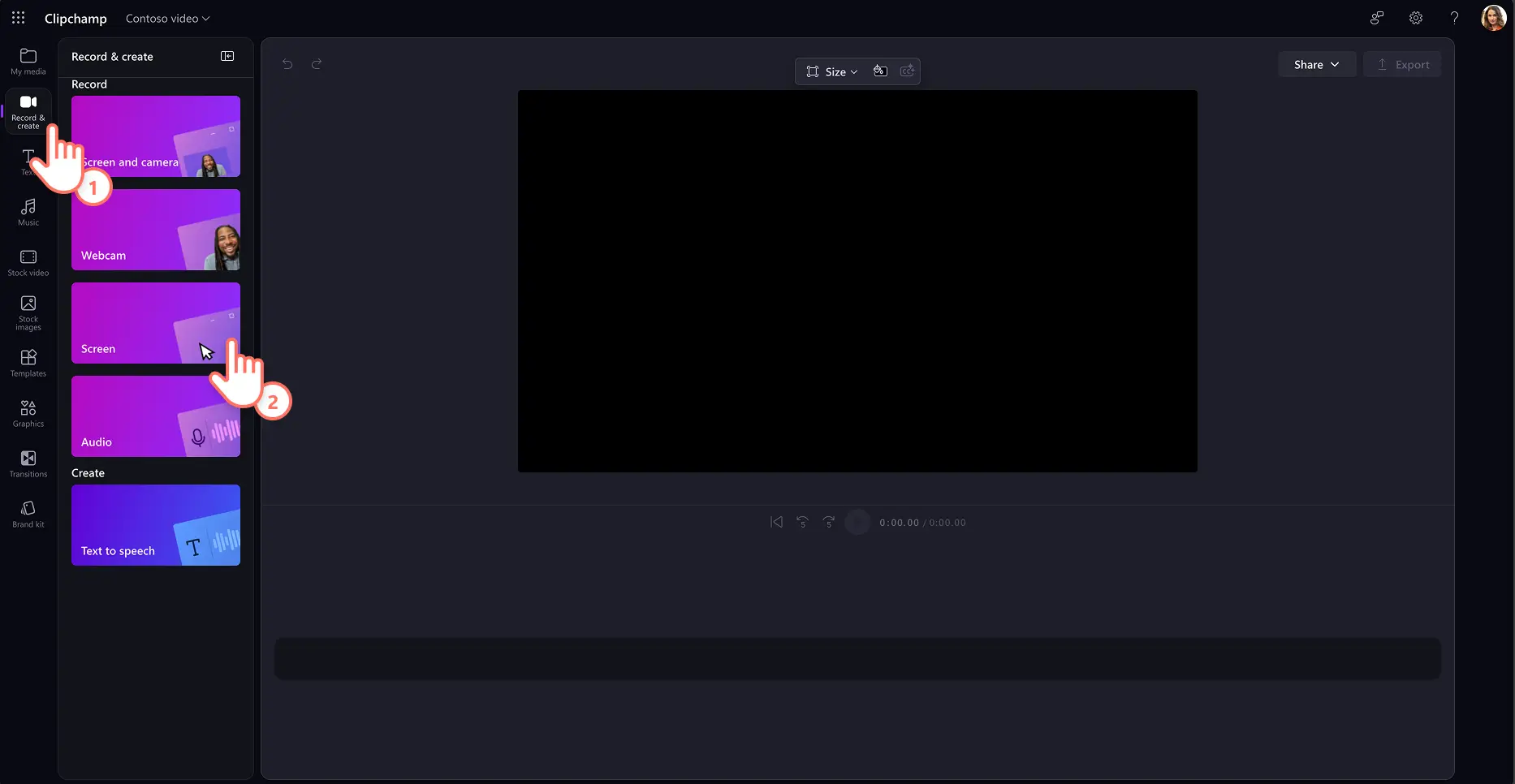 Un usuario seleccionando la herramienta de grabación de pantalla en Clipchamp para el trabajo