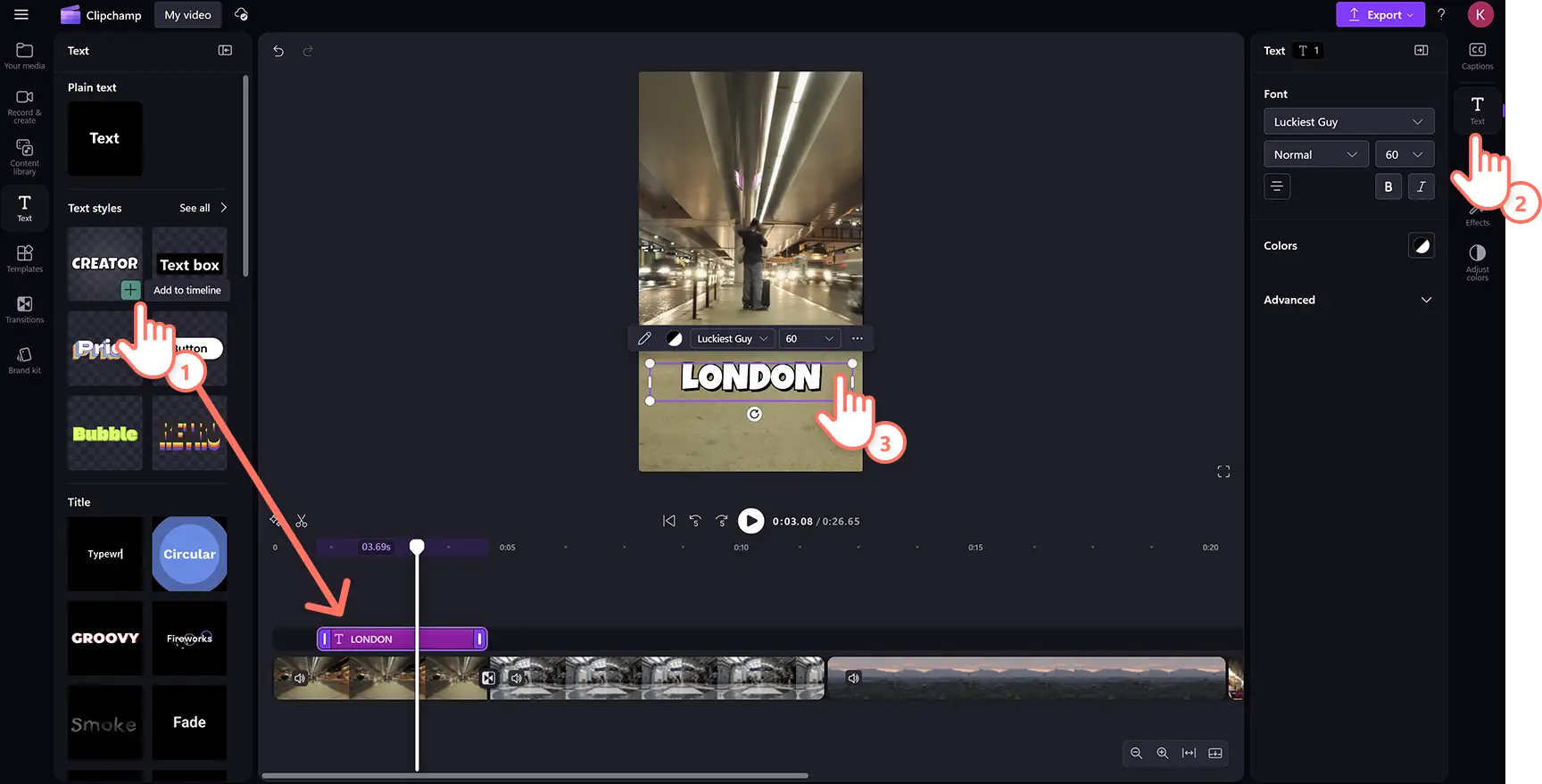 En bruger føjer animeret tekst til en rejsehøjdepunktsvideo i Clipchamp-videoeditoren.