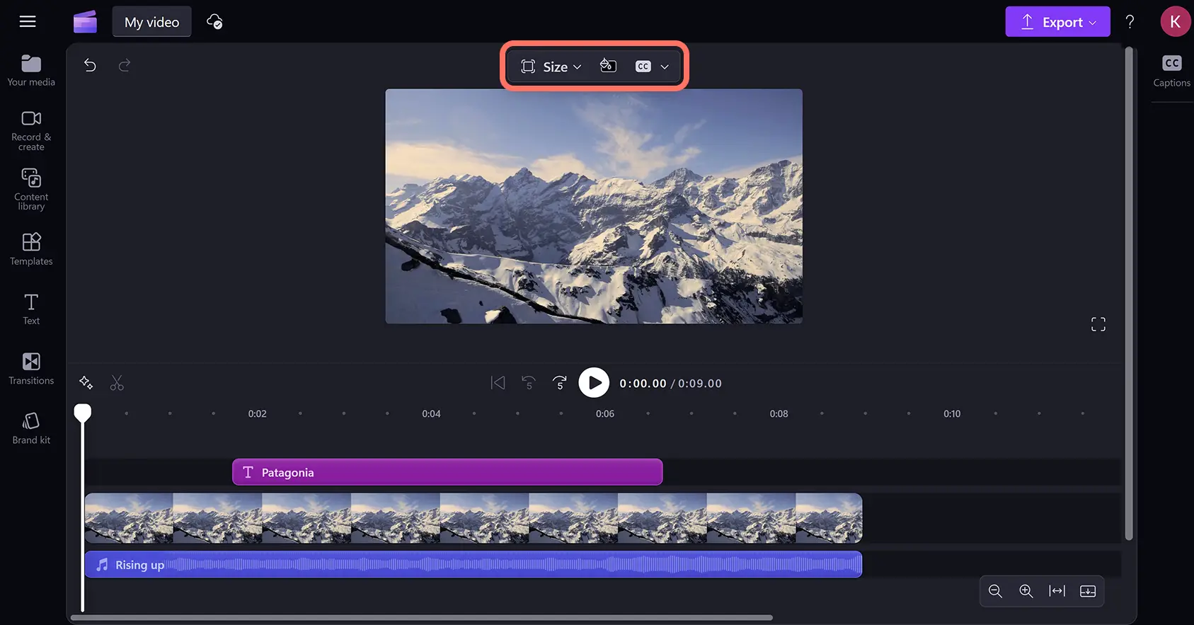 Clipchamp 视频编辑器中时间线上未选择任何资产时的浮动工具栏。