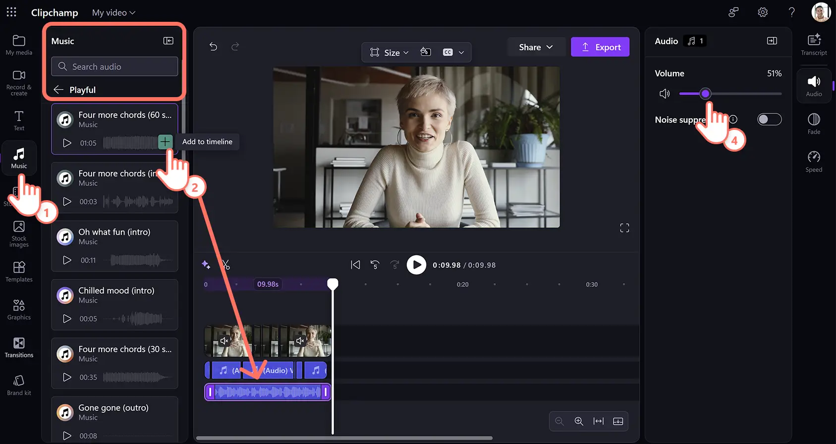 Usuário adicionando música de fundo a um vídeo de depoimento de cliente no Clipchamp para o trabalho.