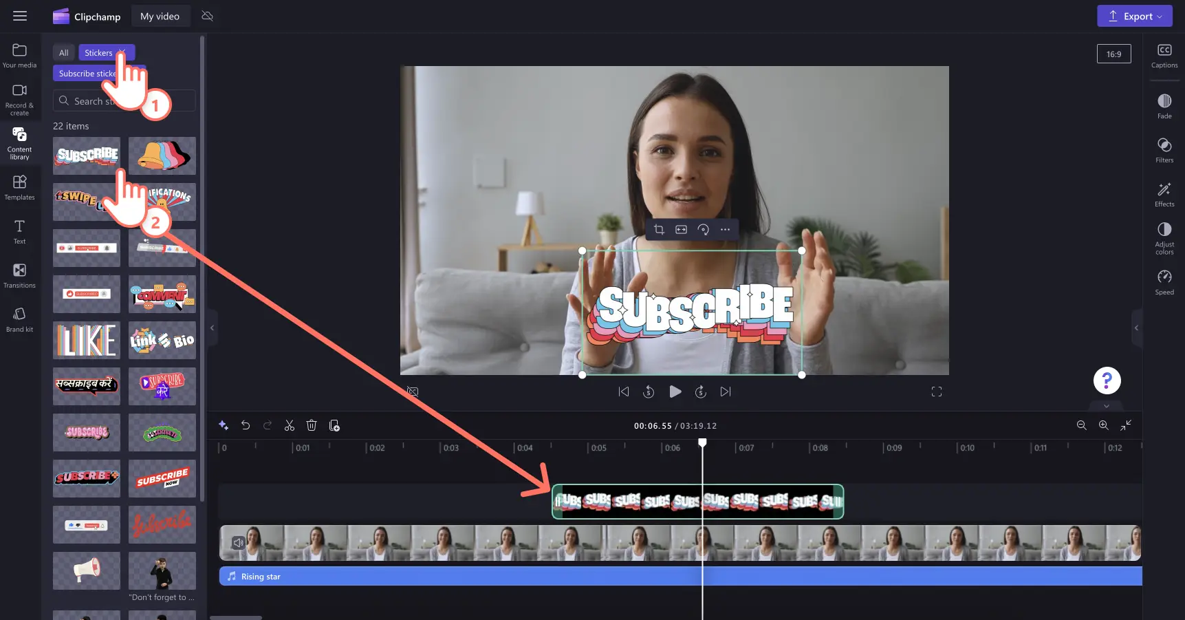 Adicionar um sticker de inscrição a um vídeo