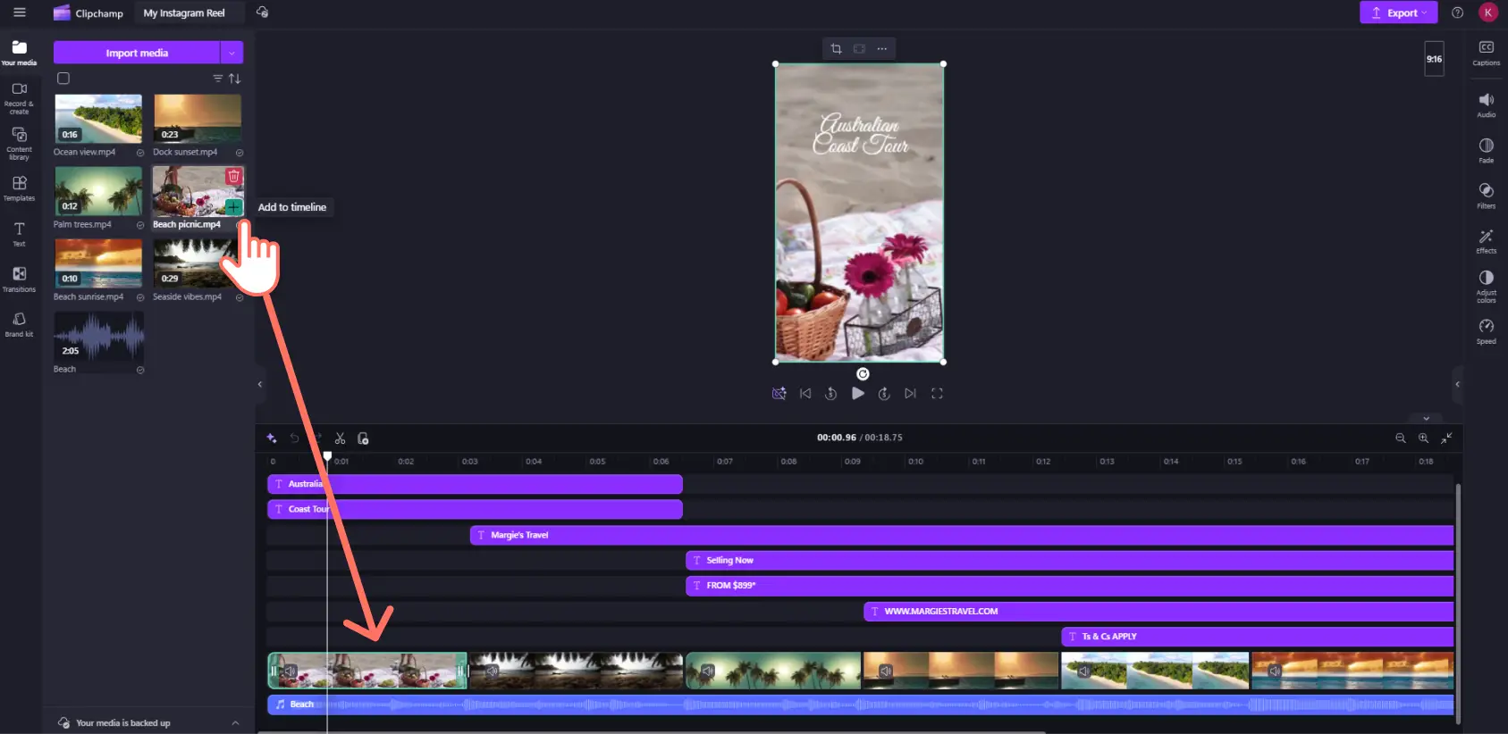 Un utilisateur de Clipchamp ajoutant des séquences vidéo personnelles à la chronologie de sa vidéo de Reel Instagram.