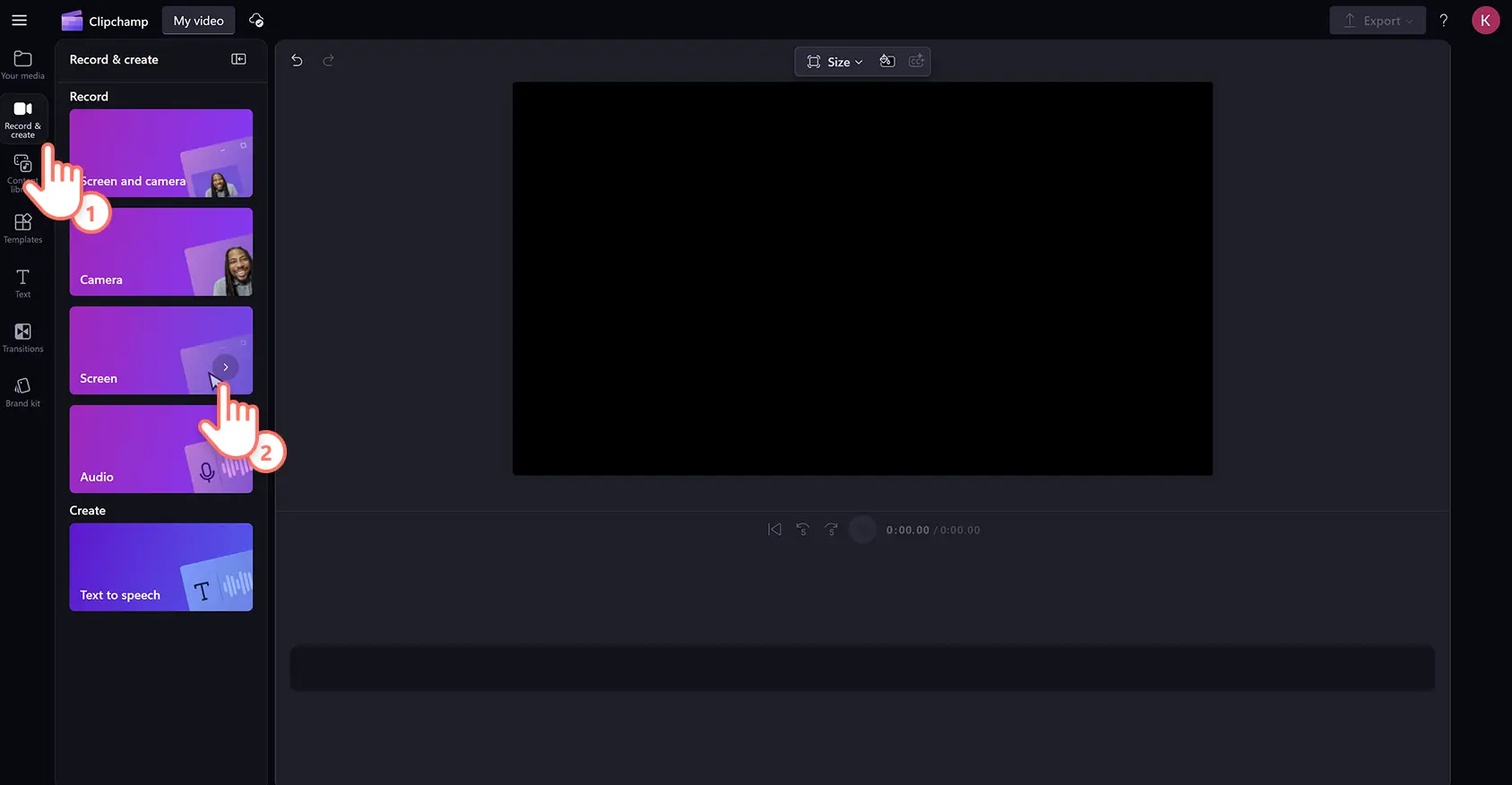 Một người dùng đang bấm vào tùy chọn trình ghi màn hình trong trình biên tập video Clipchamp.