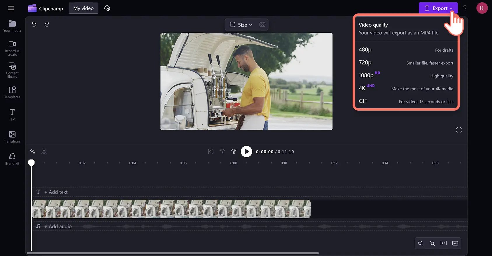 Clipchamp ビデオ エ ディターで Instagram 用にサイズ変更された動画をエクスポートするユーザー。