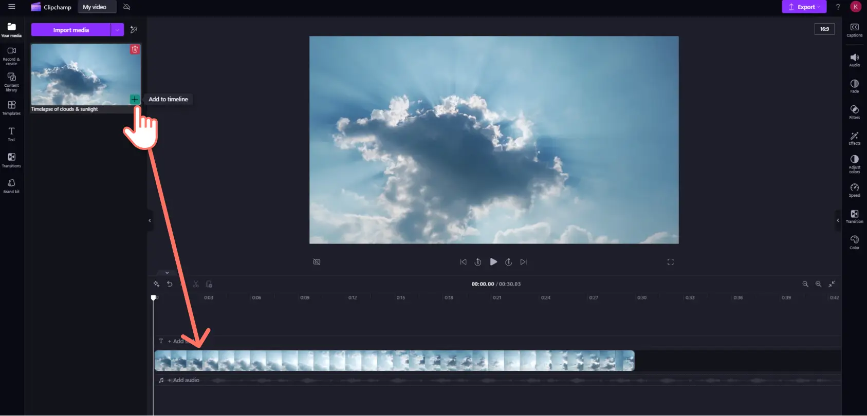 A user adding a video to the timeline in Clipchamp.