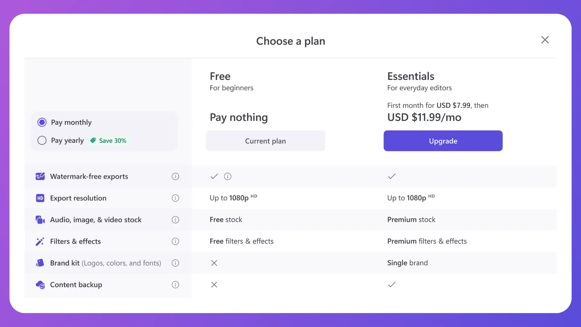 Essentials planı - bir plan penceresi seçin
