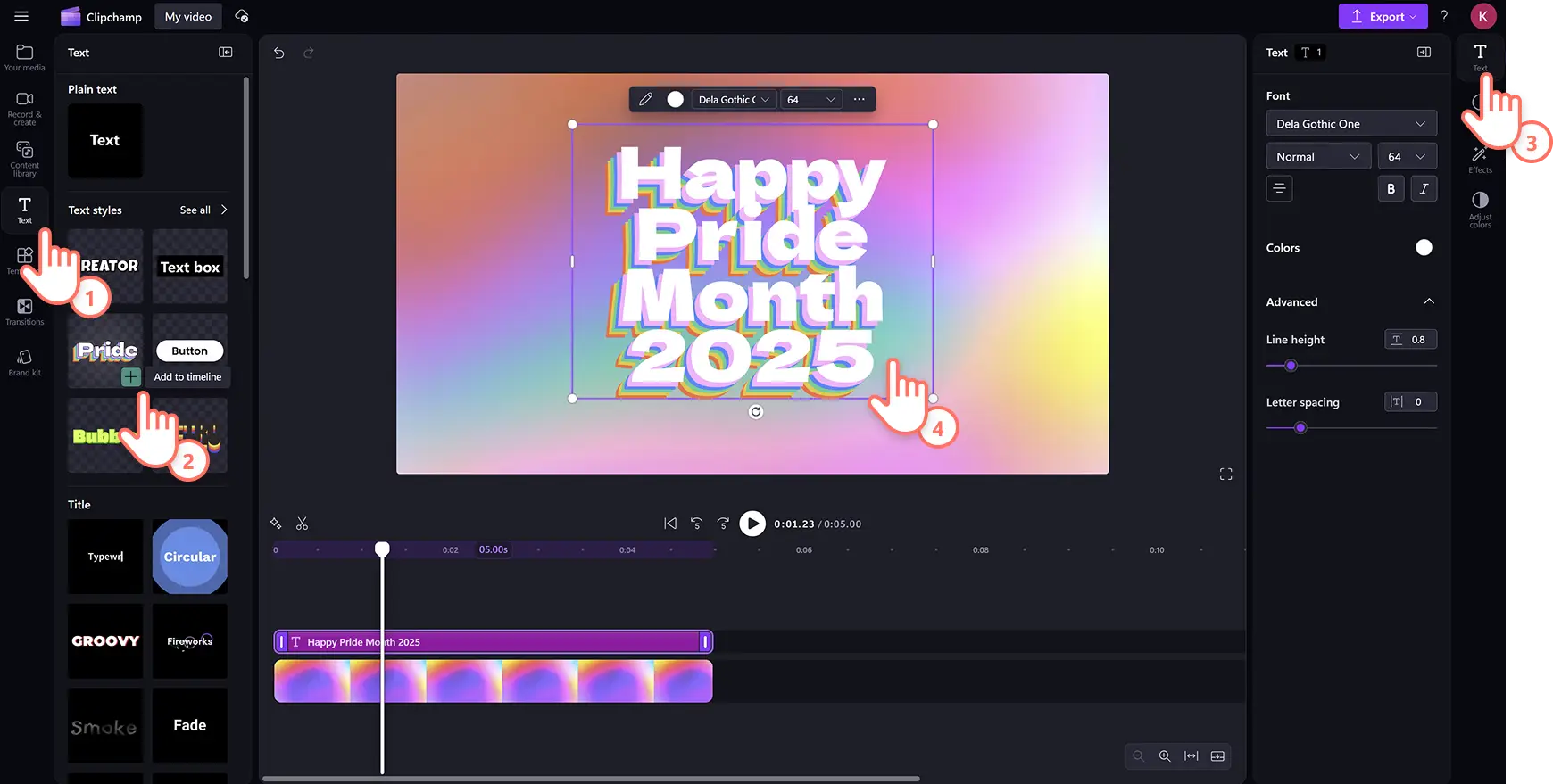 Clipchamp 비디오 편집기에서 사용자 지정 Pride 글꼴을 비디오에 추가하고 있는 사용자