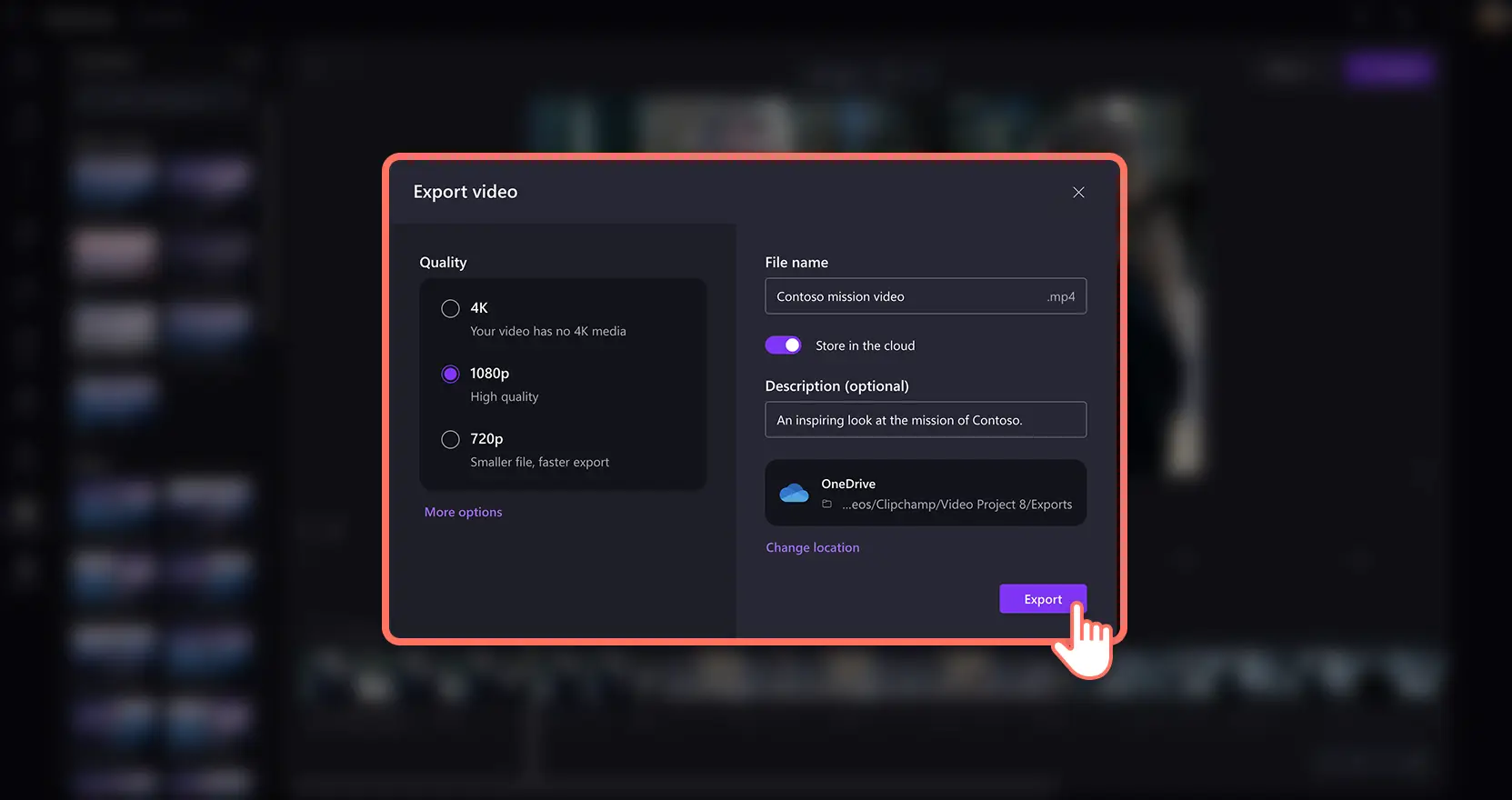 En bruger gemmer en video i høj kvalitet i Clipchamp-videoeditoren til arbejde