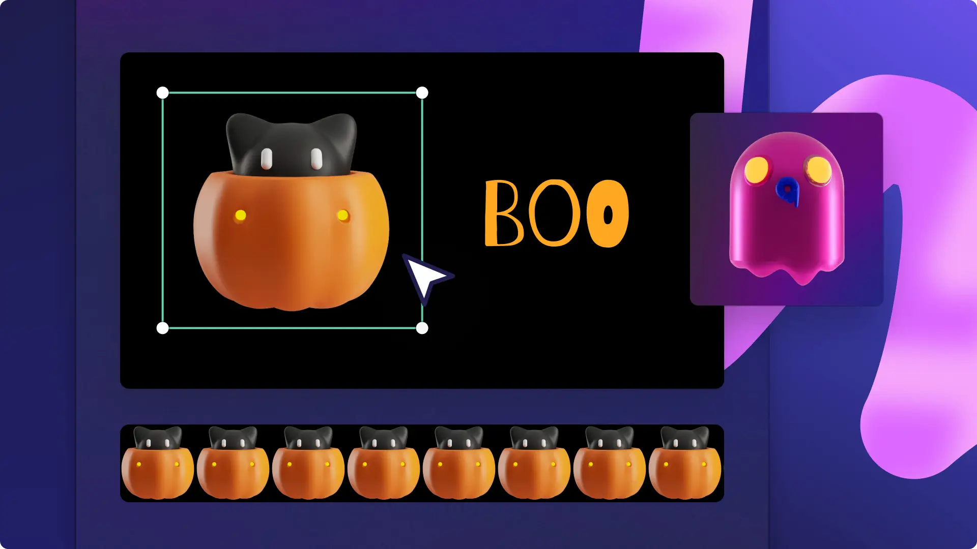 カボチャとおばけの絵文字を使用した Clipchamp エディターの画像。