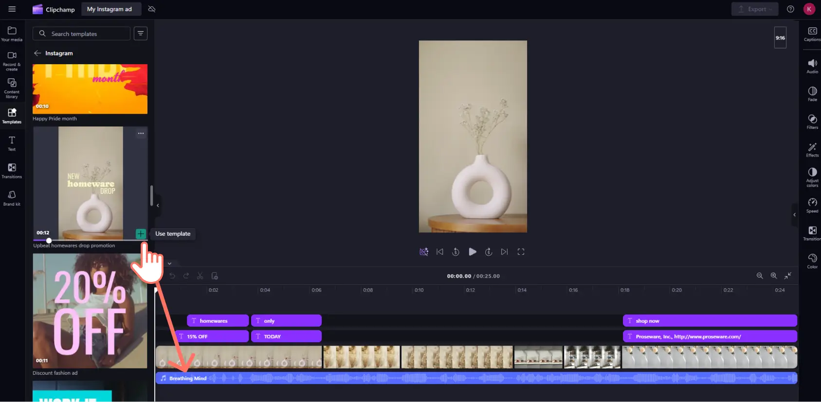 A user loading an Instagram video ad template into Clipchamp.