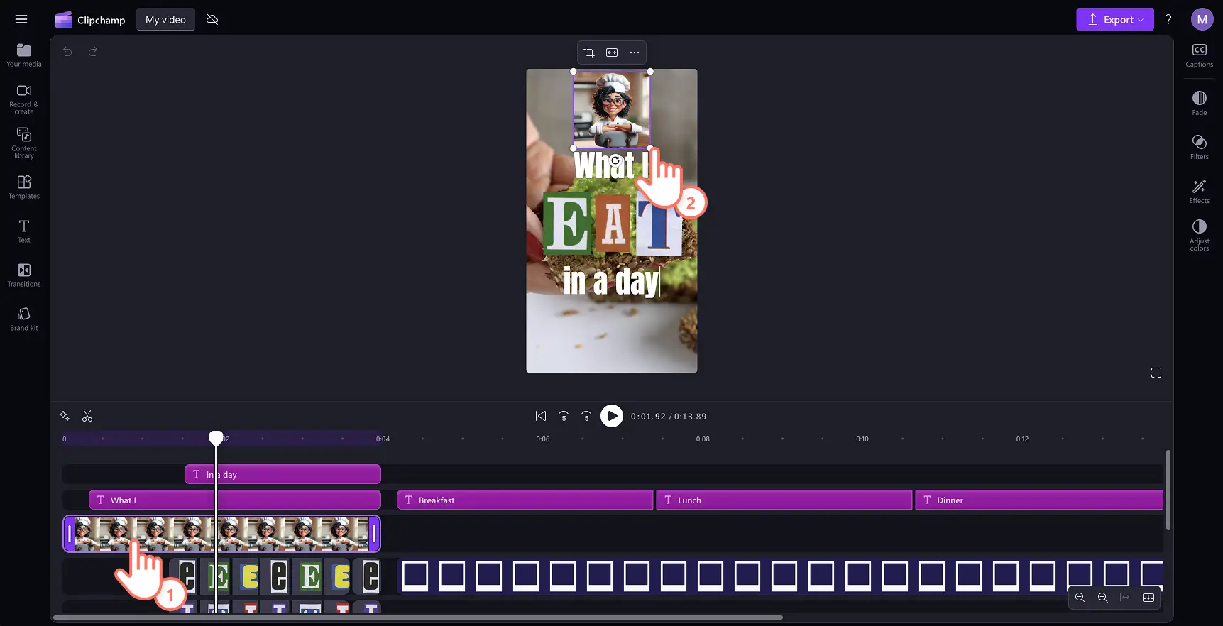 En bruker som legger til en avatar på videotidslinjen i Clipchamp
