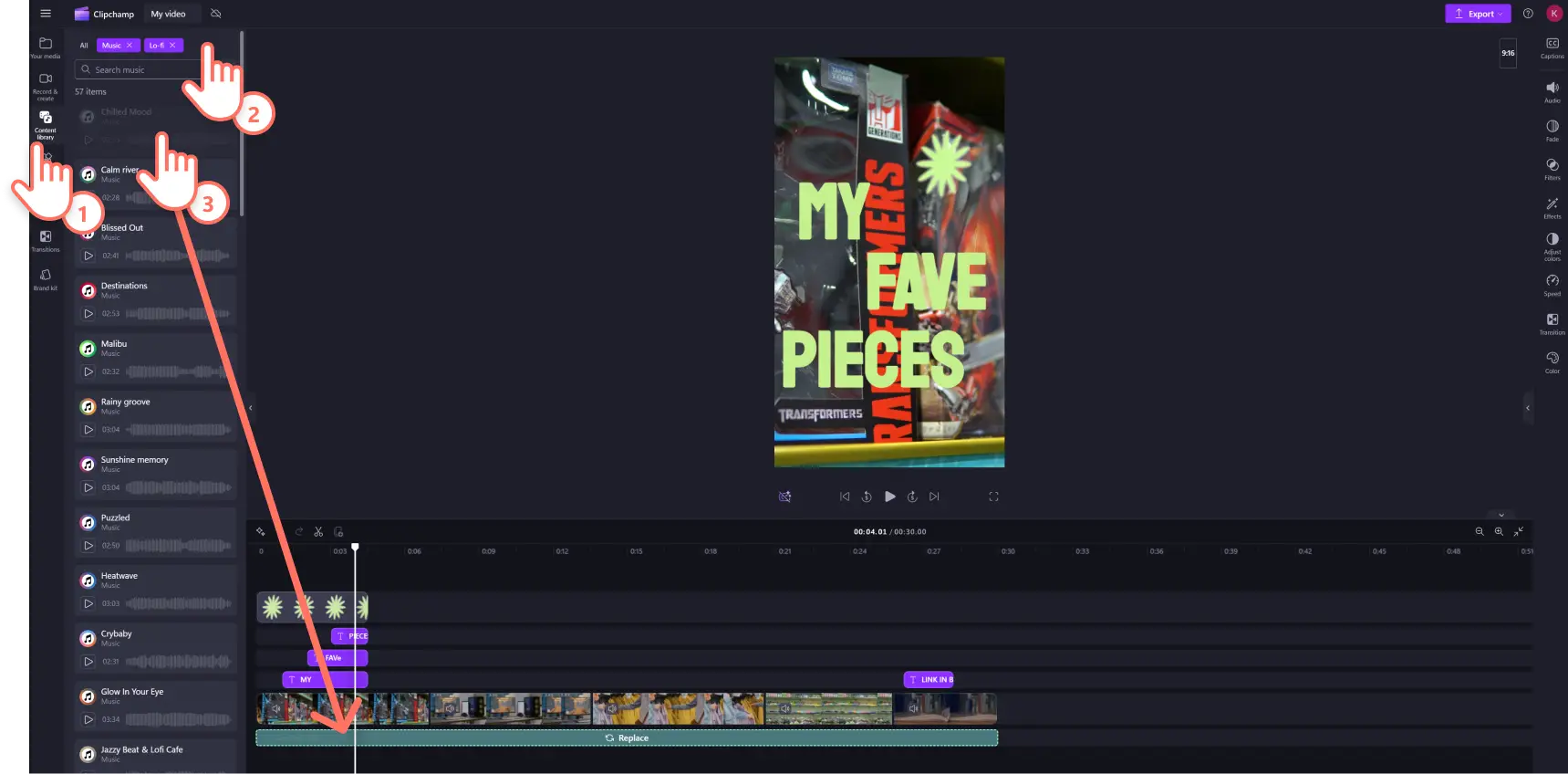 A screenshot of a Clipchamp user dragging a new audio track onto the editing timeline.