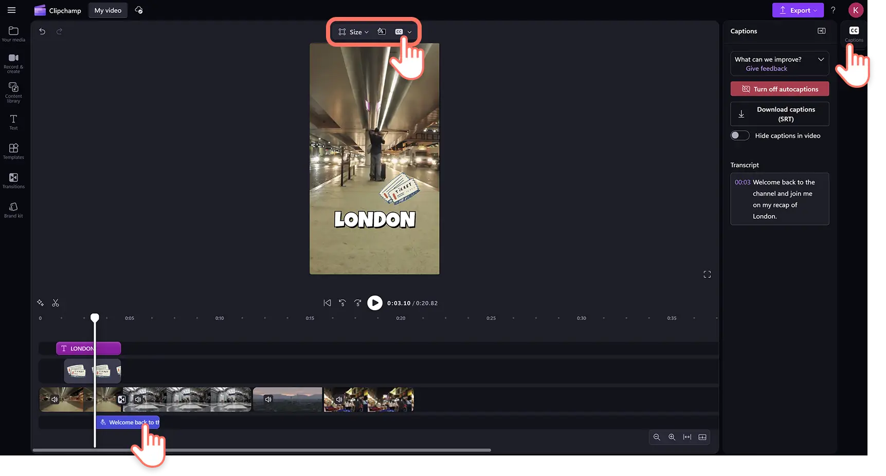 En bruger føjer automatiske undertekster med kunstig intelligens til en rejsehøjdepunktsvideo i Clipchamp-videoeditoren.