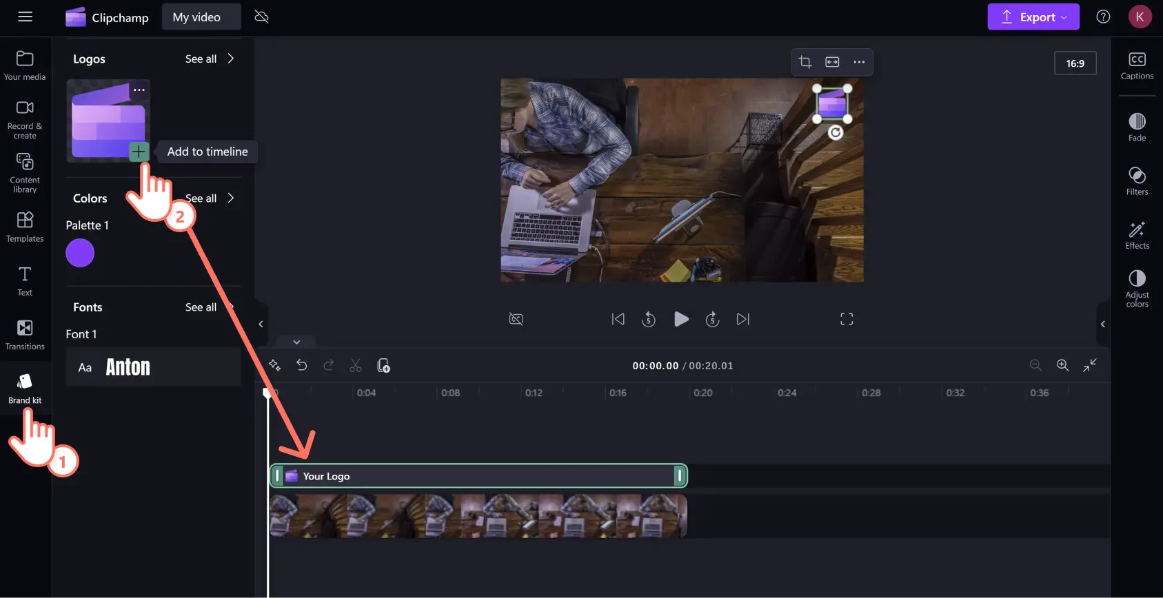 A user adding a logo from the brand kit tool to the timeline in Clipchamp.