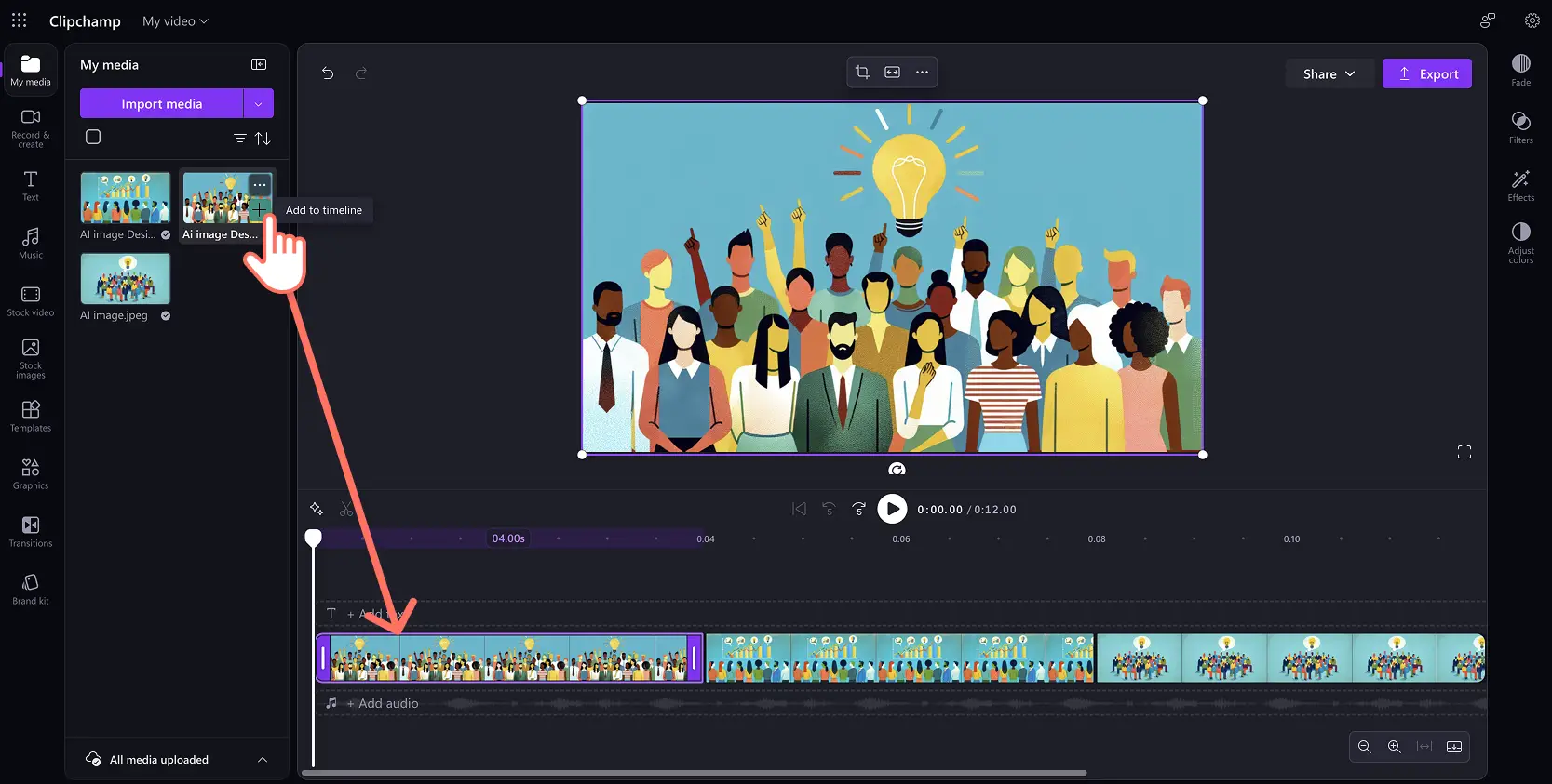 A user adding AI generated images into the timeline in Clipchamp for work