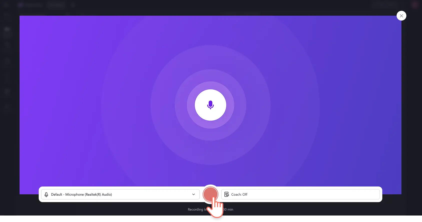 Một người dùng đang bấm vào nút trình ghi màn hình trong trình biên tập video Clipchamp.