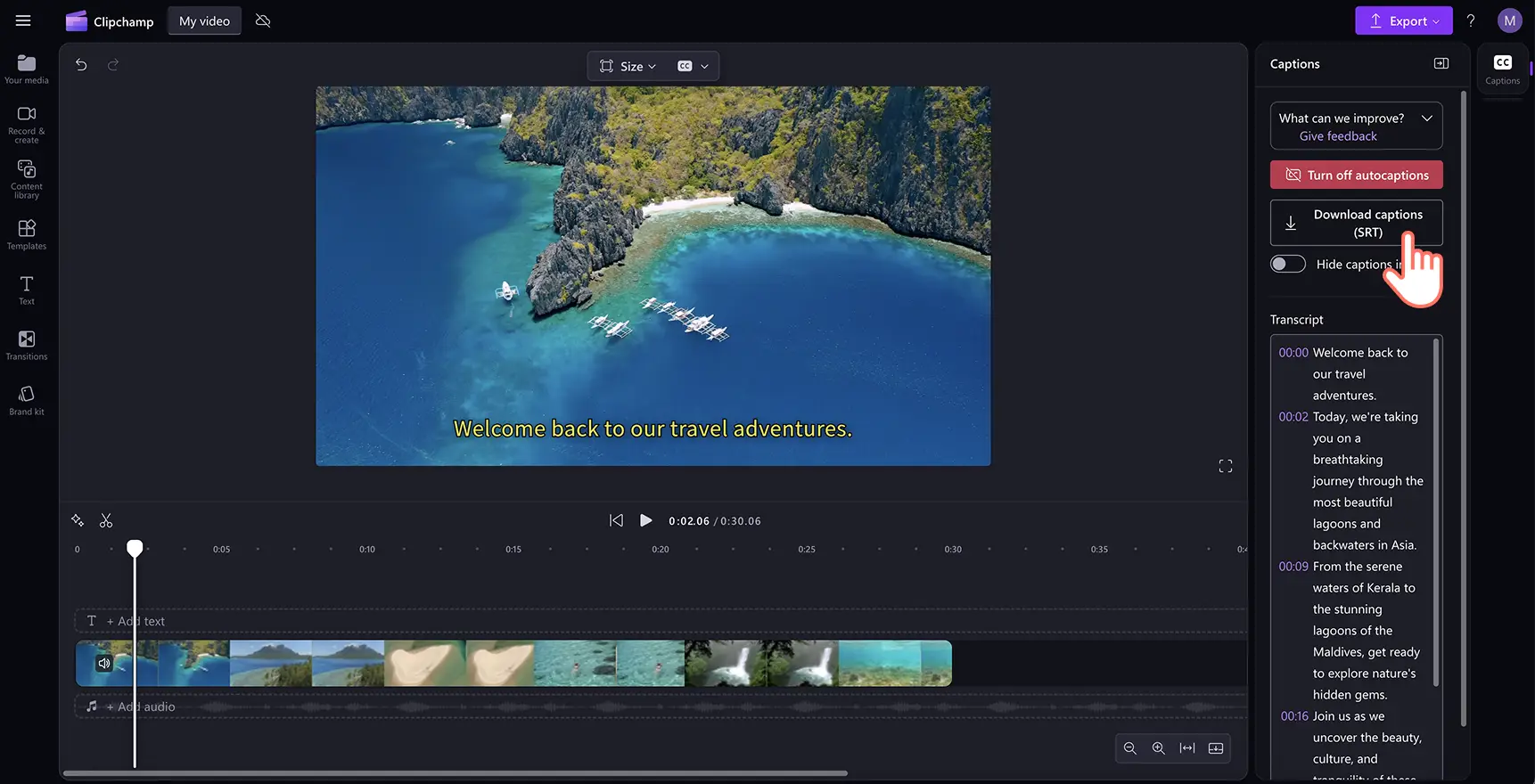 Gambar pengguna mengunduh transkrip SRT dari subtitel di Clipchamp.